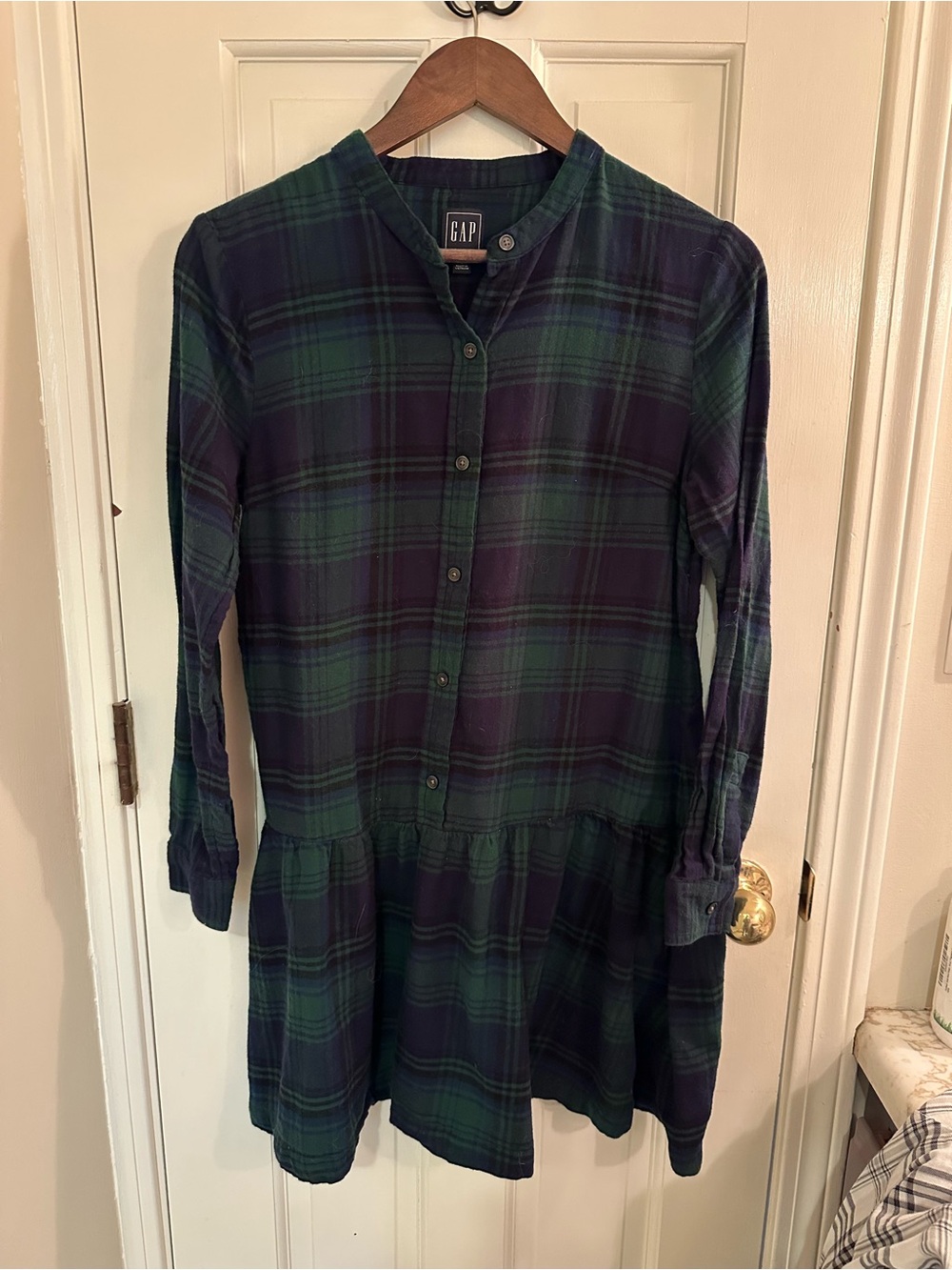 GAP Green and Navy Plaid Button-Front Tunic Dress
